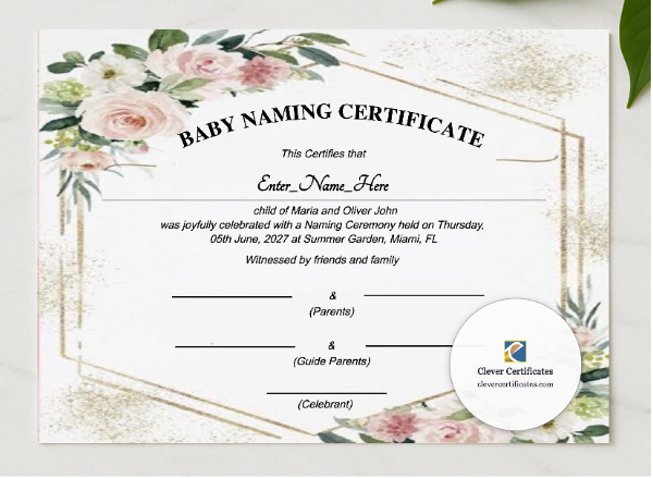 Tennessee Baby Naming Certificate presented in a sleek wooden frame, elegantly arranged on a stylish table.