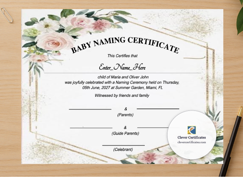 Professional preview of Tennessee Baby Naming Certificate certificate on high-quality stationery paper, ideal for showcasing the final look.