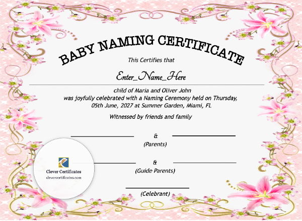 Free Indiana Baby Naming Certificate