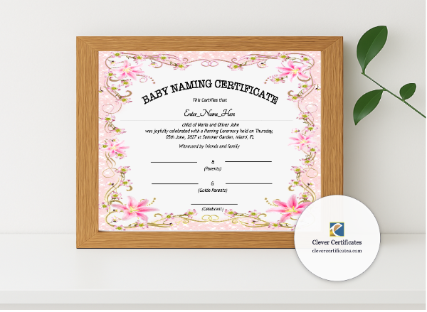 Realistic mockup featuring Indiana Baby Naming Certificate displayed within a modern frame, set against a minimalistic background.