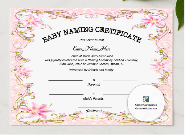 Indiana Baby Naming Certificate presented in a sleek wooden frame, elegantly arranged on a stylish table.