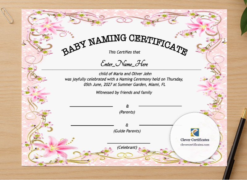 Professional preview of Indiana Baby Naming Certificate certificate on high-quality stationery paper, ideal for showcasing the final look.