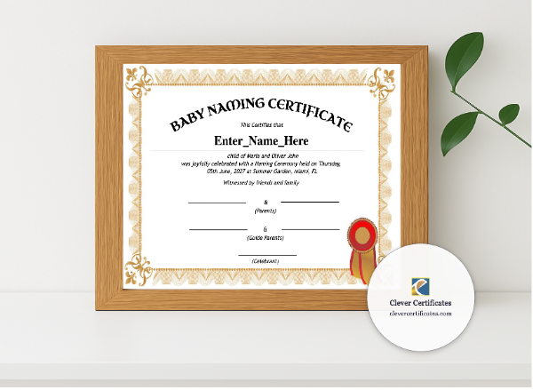 Realistic mockup featuring Missouri Baby Naming Certificate displayed within a modern frame, set against a minimalistic background.