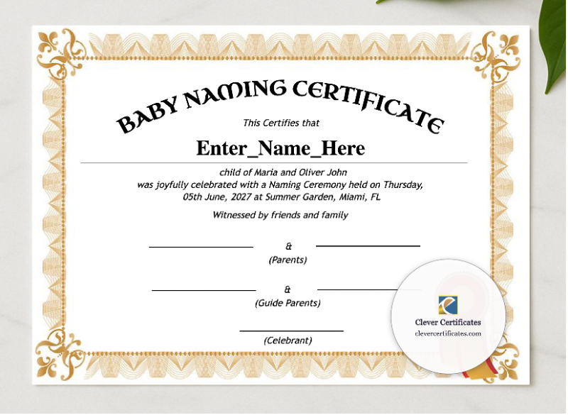 Missouri Baby Naming Certificate presented in a sleek wooden frame, elegantly arranged on a stylish table.
