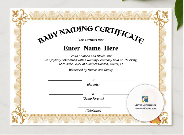 Missouri Baby Naming Certificate presented in a sleek wooden frame, elegantly arranged on a stylish table.