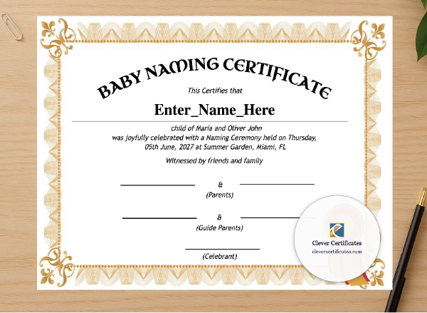 Professional preview of Missouri Baby Naming Certificate certificate on high-quality stationery paper, ideal for showcasing the final look.