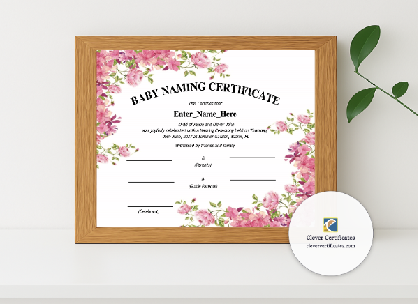 Realistic mockup featuring Maryland Baby Naming Certificate  displayed within a modern frame, set against a minimalistic background.