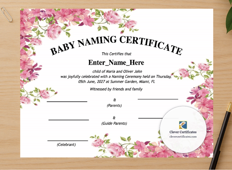 Professional preview of Maryland Baby Naming Certificate  certificate on high-quality stationery paper, ideal for showcasing the final look.