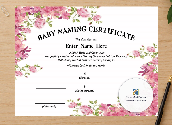 Professional preview of Maryland Baby Naming Certificate  certificate on high-quality stationery paper, ideal for showcasing the final look.