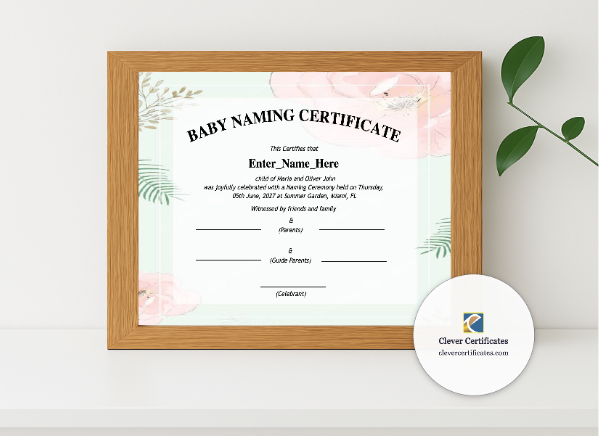 Realistic mockup featuring Wisconsin Baby Naming Certificate displayed within a modern frame, set against a minimalistic background.