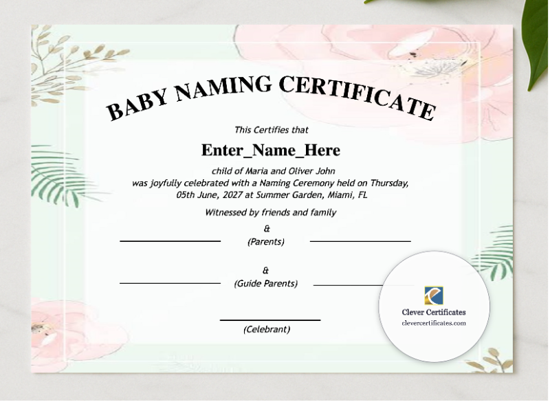 Wisconsin Baby Naming Certificate presented in a sleek wooden frame, elegantly arranged on a stylish table.