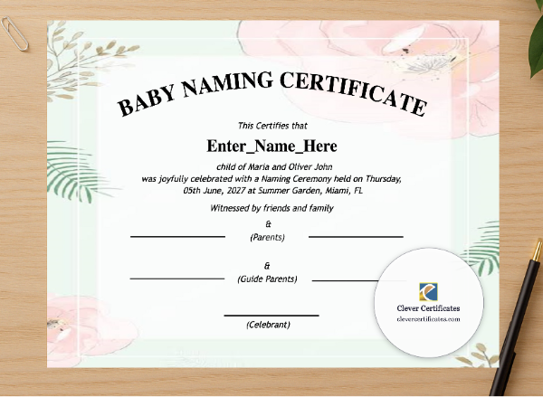 Professional preview of Wisconsin Baby Naming Certificate certificate on high-quality stationery paper, ideal for showcasing the final look.