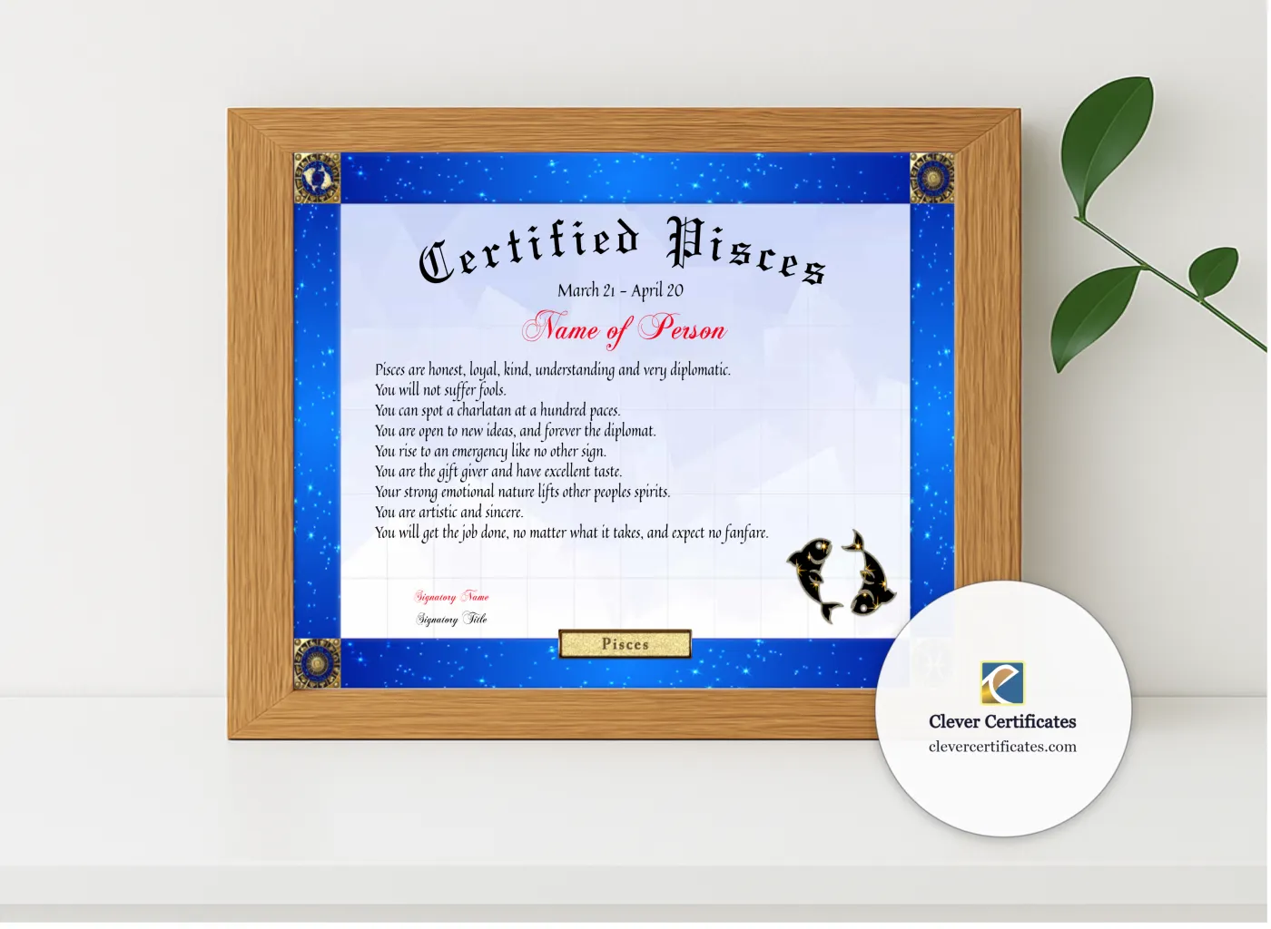 Realistic mockup featuring Certified Pisces Award displayed within a modern frame, set against a minimalistic background.