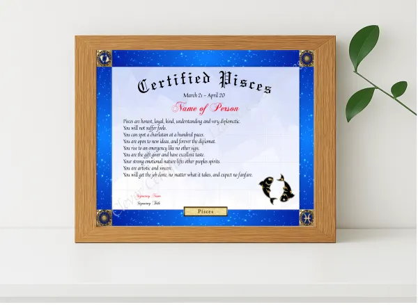 Realistic mockup featuring Certified Pisces Award displayed within a modern frame, set against a minimalistic background.