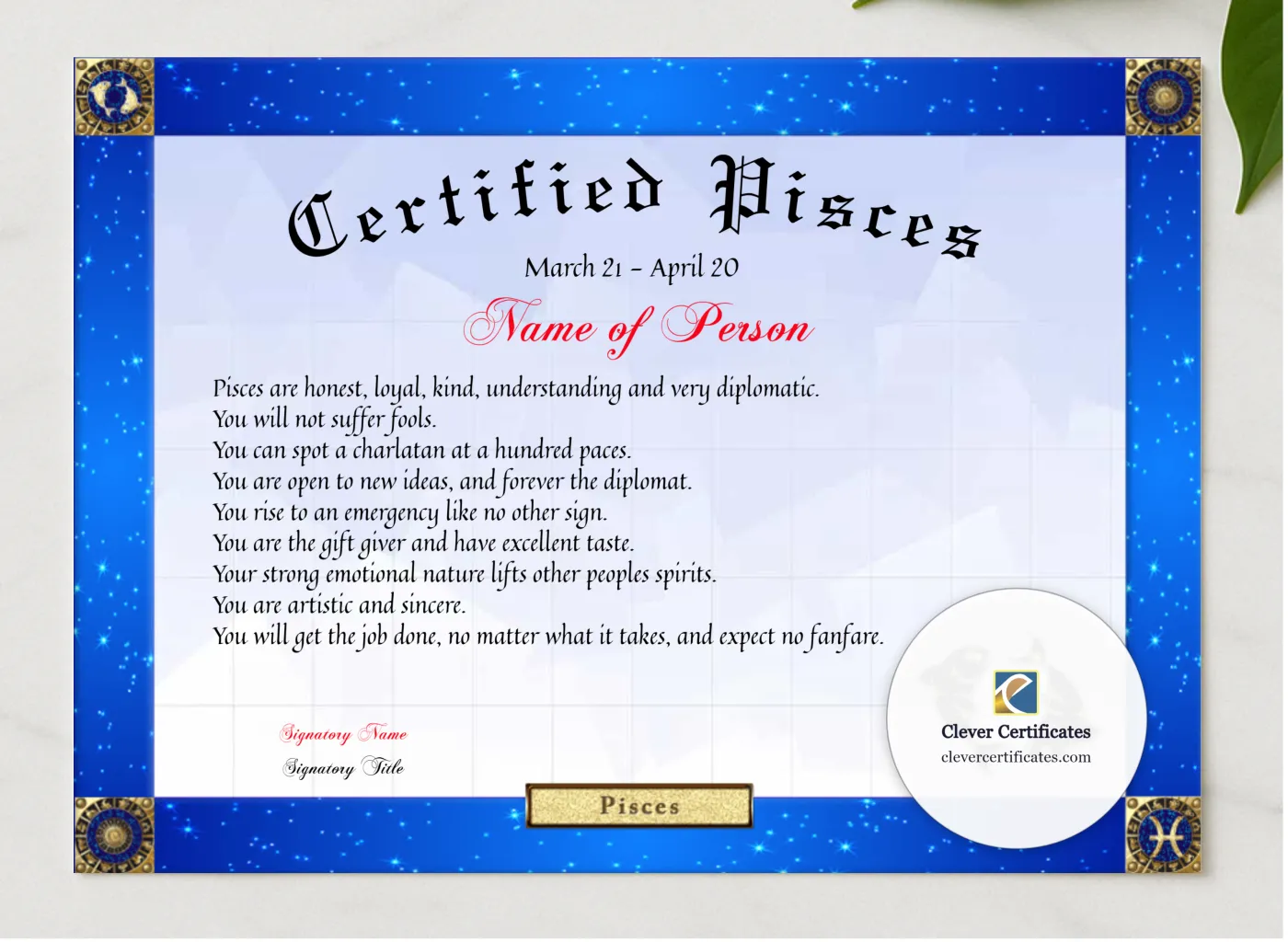 Certified Pisces Award presented in a sleek wooden frame, elegantly arranged on a stylish table.