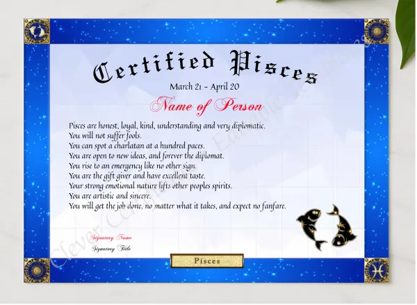 Certified Pisces Award presented in a sleek wooden frame, elegantly arranged on a stylish table.