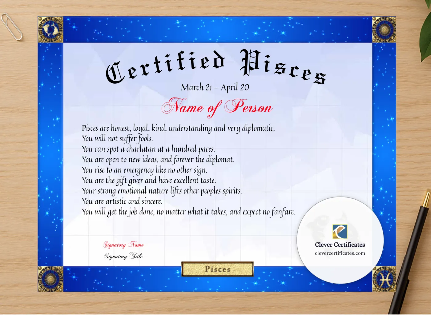 Professional preview of Certified Pisces Award certificate on high-quality stationery paper, ideal for showcasing the final look.