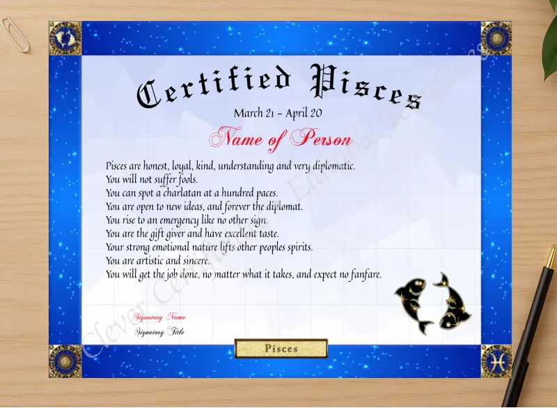 Professional preview of Certified Pisces Award certificate on high-quality stationery paper, ideal for showcasing the final look.