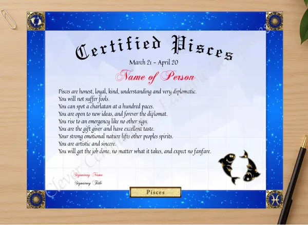 Professional preview of Certified Pisces Award certificate on high-quality stationery paper, ideal for showcasing the final look.