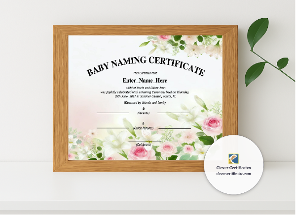 Realistic mockup featuring Colorado Baby Naming Certificate displayed within a modern frame, set against a minimalistic background.