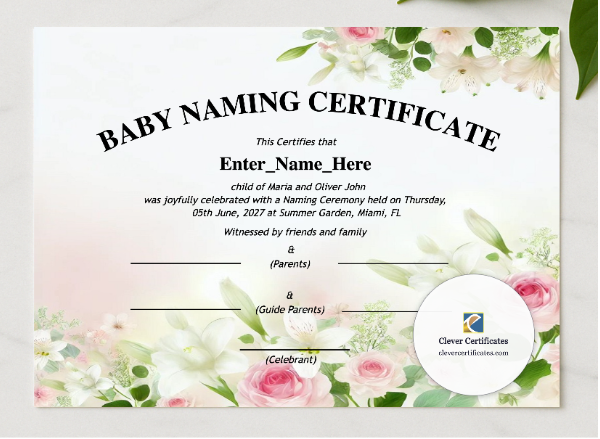 Colorado Baby Naming Certificate presented in a sleek wooden frame, elegantly arranged on a stylish table.