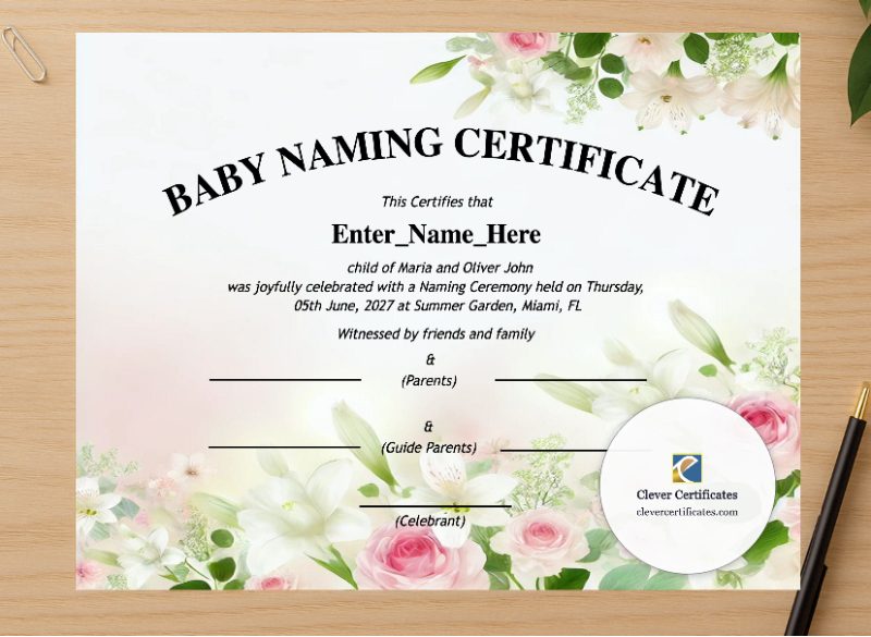 Professional preview of Colorado Baby Naming Certificate certificate on high-quality stationery paper, ideal for showcasing the final look.