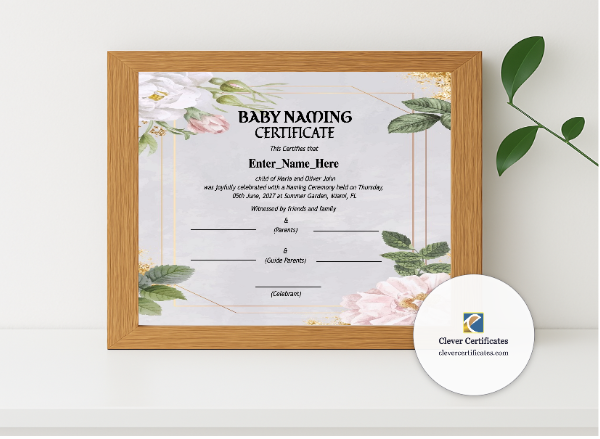 Realistic mockup featuring Minnesota Baby Naming Certificate  displayed within a modern frame, set against a minimalistic background.