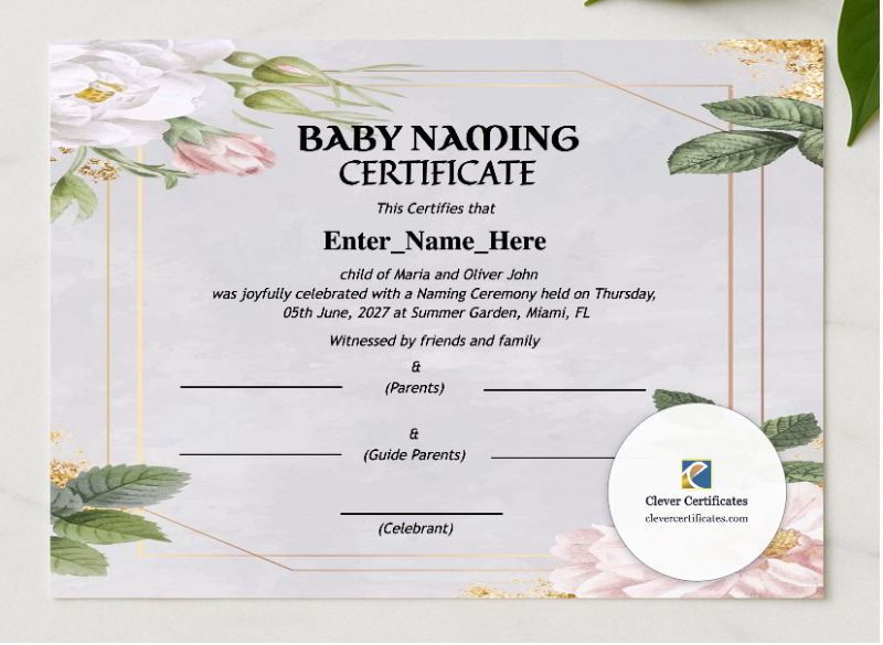 Minnesota Baby Naming Certificate  presented in a sleek wooden frame, elegantly arranged on a stylish table.