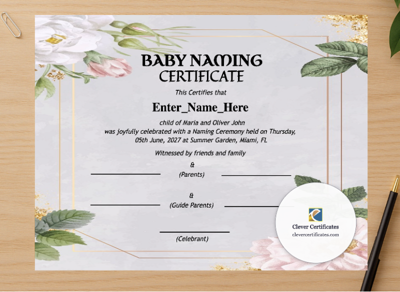 Professional preview of Minnesota Baby Naming Certificate  certificate on high-quality stationery paper, ideal for showcasing the final look.