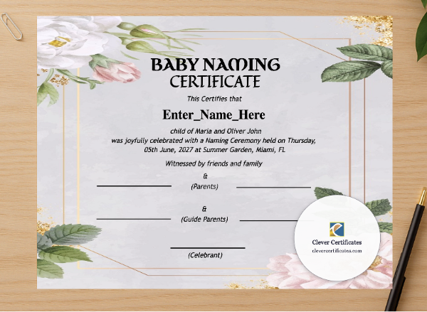 Professional preview of Minnesota Baby Naming Certificate  certificate on high-quality stationery paper, ideal for showcasing the final look.