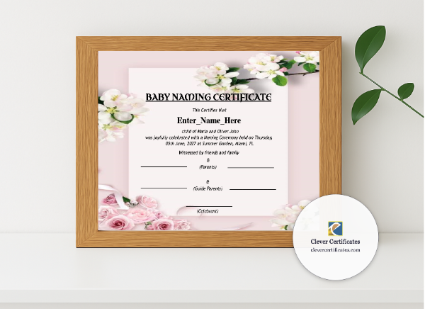 Realistic mockup featuring South Carolina Baby Naming Certificate displayed within a modern frame, set against a minimalistic background.