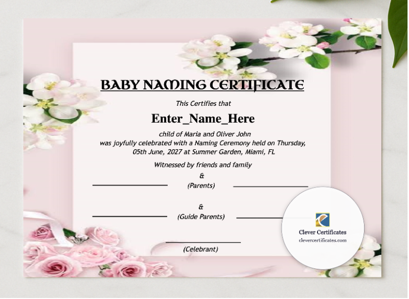 South Carolina Baby Naming Certificate presented in a sleek wooden frame, elegantly arranged on a stylish table.
