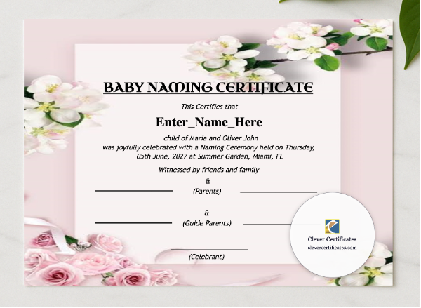 South Carolina Baby Naming Certificate presented in a sleek wooden frame, elegantly arranged on a stylish table.