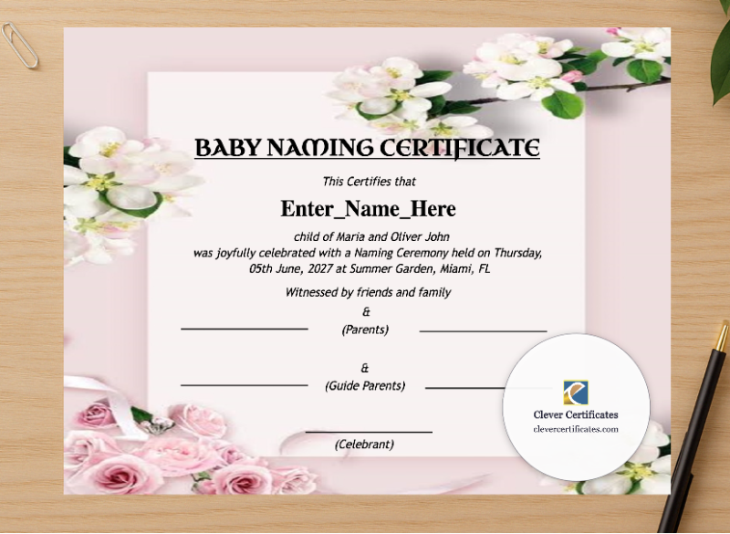 Professional preview of South Carolina Baby Naming Certificate certificate on high-quality stationery paper, ideal for showcasing the final look.