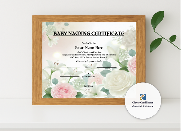 Realistic mockup featuring Alabama Baby Naming Certificate displayed within a modern frame, set against a minimalistic background.