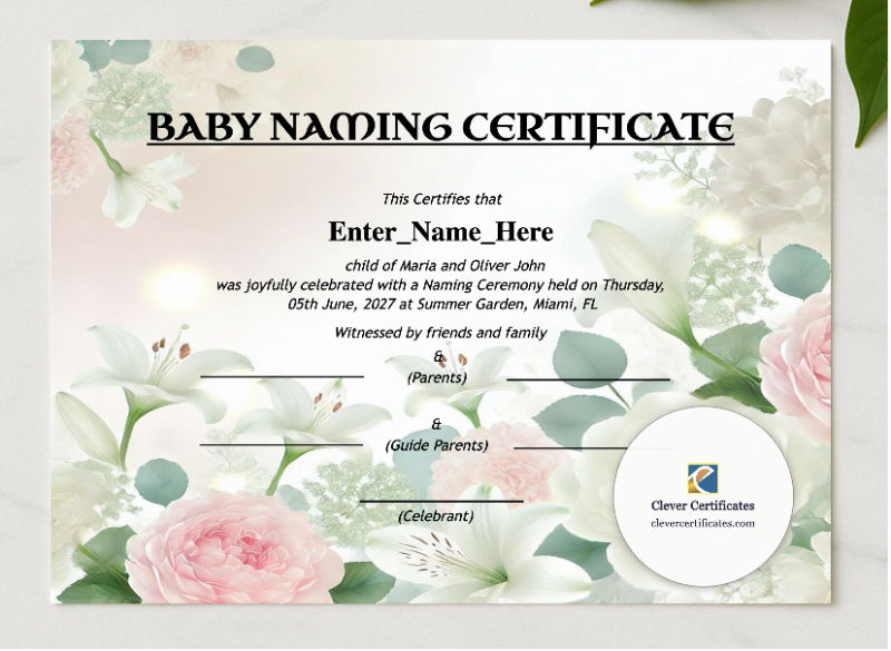 Alabama Baby Naming Certificate presented in a sleek wooden frame, elegantly arranged on a stylish table.