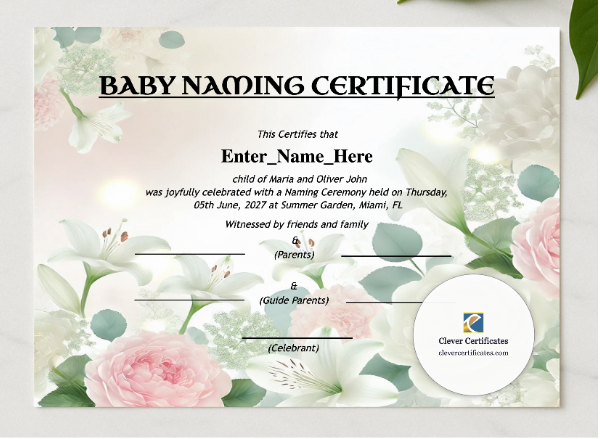 Alabama Baby Naming Certificate presented in a sleek wooden frame, elegantly arranged on a stylish table.