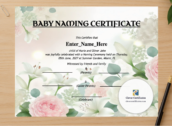 Professional preview of Alabama Baby Naming Certificate certificate on high-quality stationery paper, ideal for showcasing the final look.