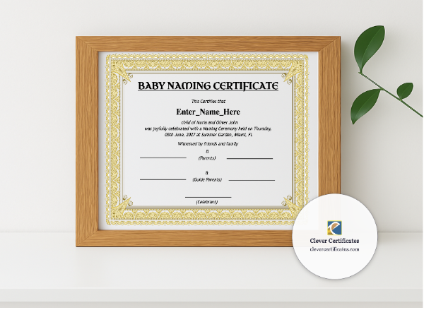 Realistic mockup featuring Louisiana Baby Naming Certificate displayed within a modern frame, set against a minimalistic background.