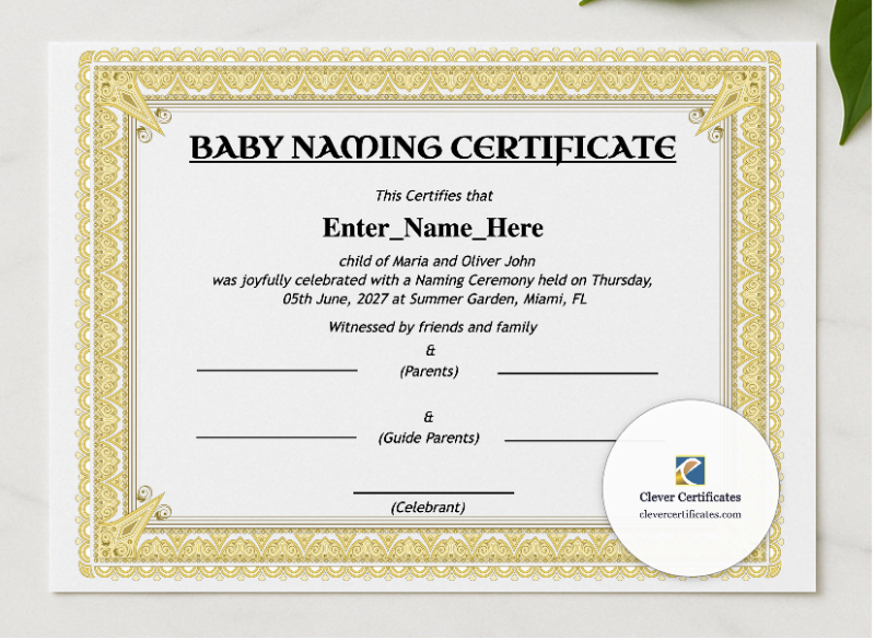Louisiana Baby Naming Certificate presented in a sleek wooden frame, elegantly arranged on a stylish table.