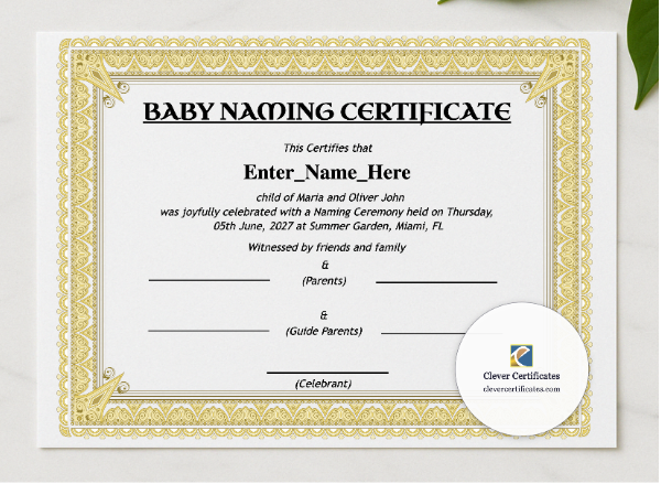 Louisiana Baby Naming Certificate presented in a sleek wooden frame, elegantly arranged on a stylish table.