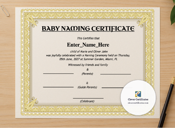 Professional preview of Louisiana Baby Naming Certificate certificate on high-quality stationery paper, ideal for showcasing the final look.