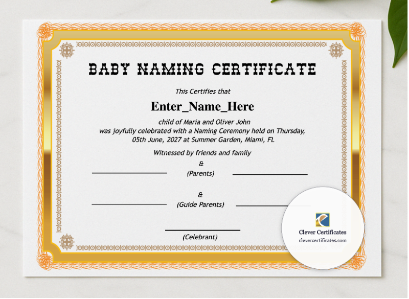 Kentucky Baby Naming Certificate  presented in a sleek wooden frame, elegantly arranged on a stylish table.