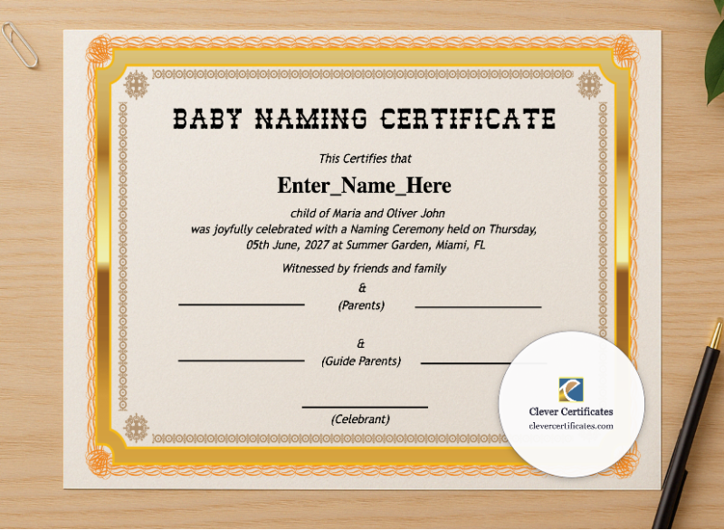 Professional preview of Kentucky Baby Naming Certificate  certificate on high-quality stationery paper, ideal for showcasing the final look.