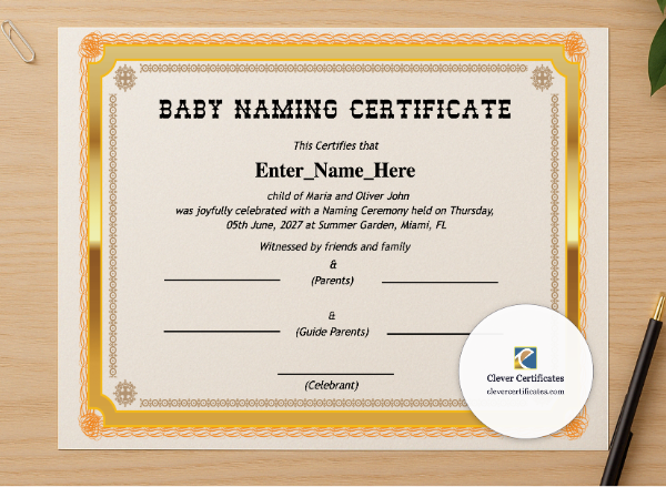 Professional preview of Kentucky Baby Naming Certificate  certificate on high-quality stationery paper, ideal for showcasing the final look.