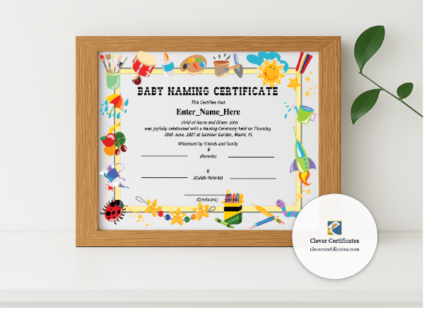 Realistic mockup featuring Oregon Baby Naming Certificate displayed within a modern frame, set against a minimalistic background.