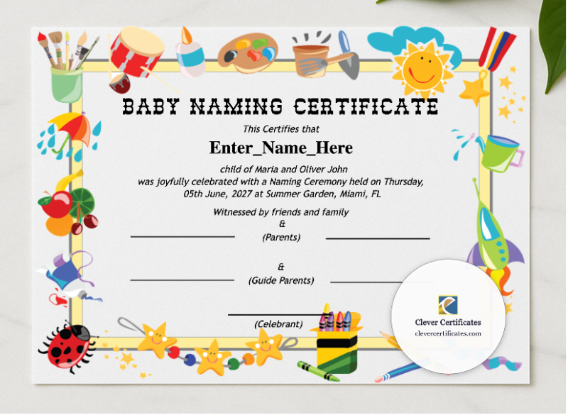 Oregon Baby Naming Certificate presented in a sleek wooden frame, elegantly arranged on a stylish table.