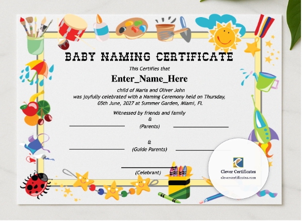 Oregon Baby Naming Certificate presented in a sleek wooden frame, elegantly arranged on a stylish table.