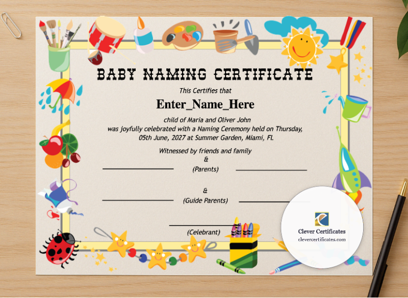 Professional preview of Oregon Baby Naming Certificate certificate on high-quality stationery paper, ideal for showcasing the final look.