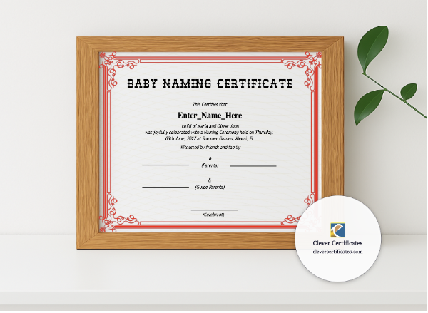 Realistic mockup featuring Oklahoma Baby Naming Certificate displayed within a modern frame, set against a minimalistic background.
